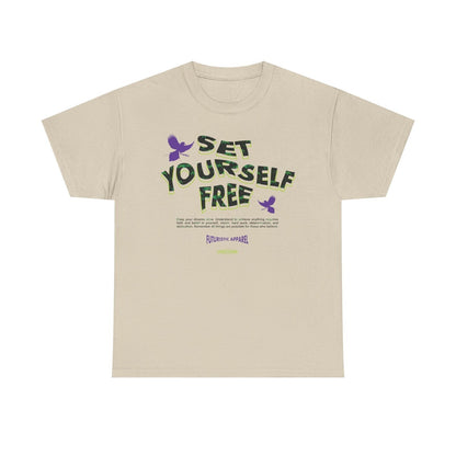 Empowering Set Yourself Free Graphic T-Shirt with Vibrant Leaf Design & Bird Art