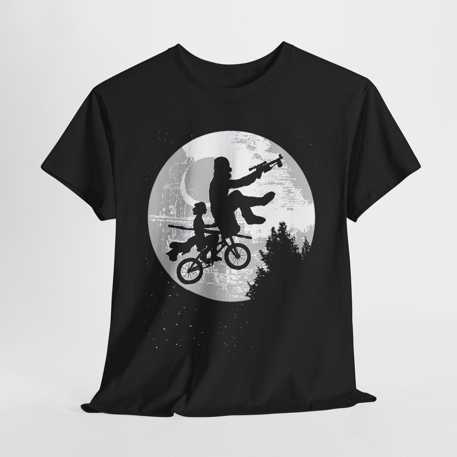 Epic Star Wars T-Shirt: Chewbacca & Leia Bike Ride Silhouette Against Death Star