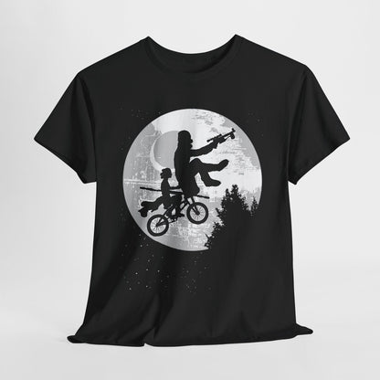 Epic Star Wars T-Shirt: Chewbacca & Leia Bike Ride Silhouette Against Death Star