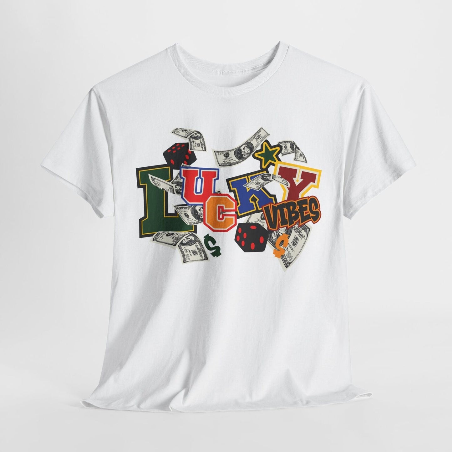LUCKY VIBES T-Shirt: Bold Graphic Design with Colorful Dollar Bills & Dice Art
