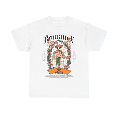 Cherubic Embrace Mens T-Shirt Vintage Floral Love Design with Romantic Sentiment