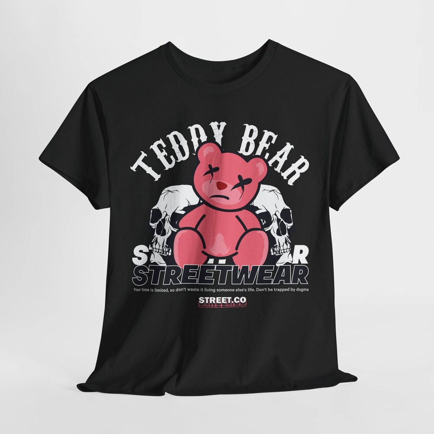 Men's Graphic T-Shirt: Distressed Pink Teddy Bear Between Skulls Streetwear Vibe