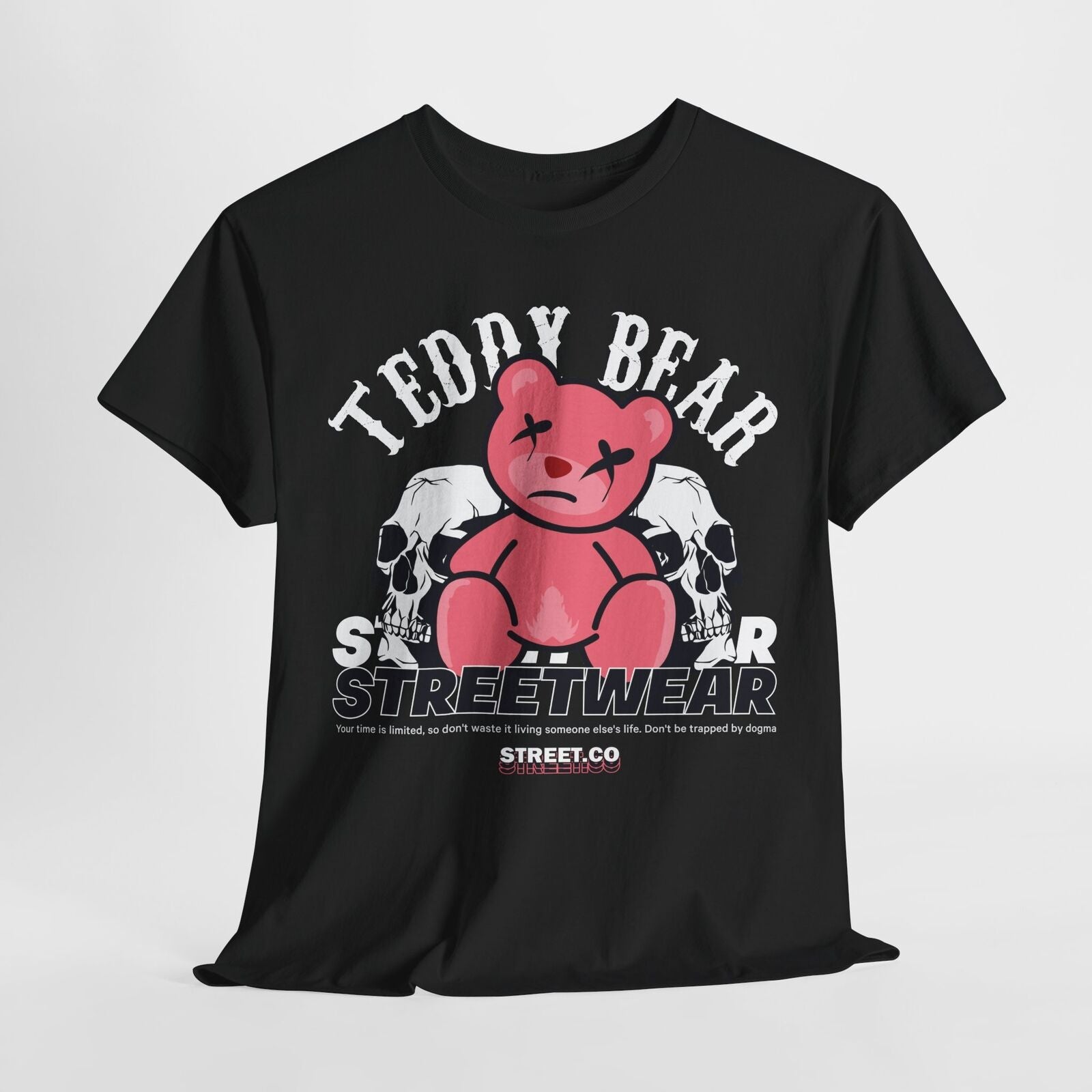 Men's Graphic T-Shirt: Distressed Pink Teddy Bear Between Skulls Streetwear Vibe