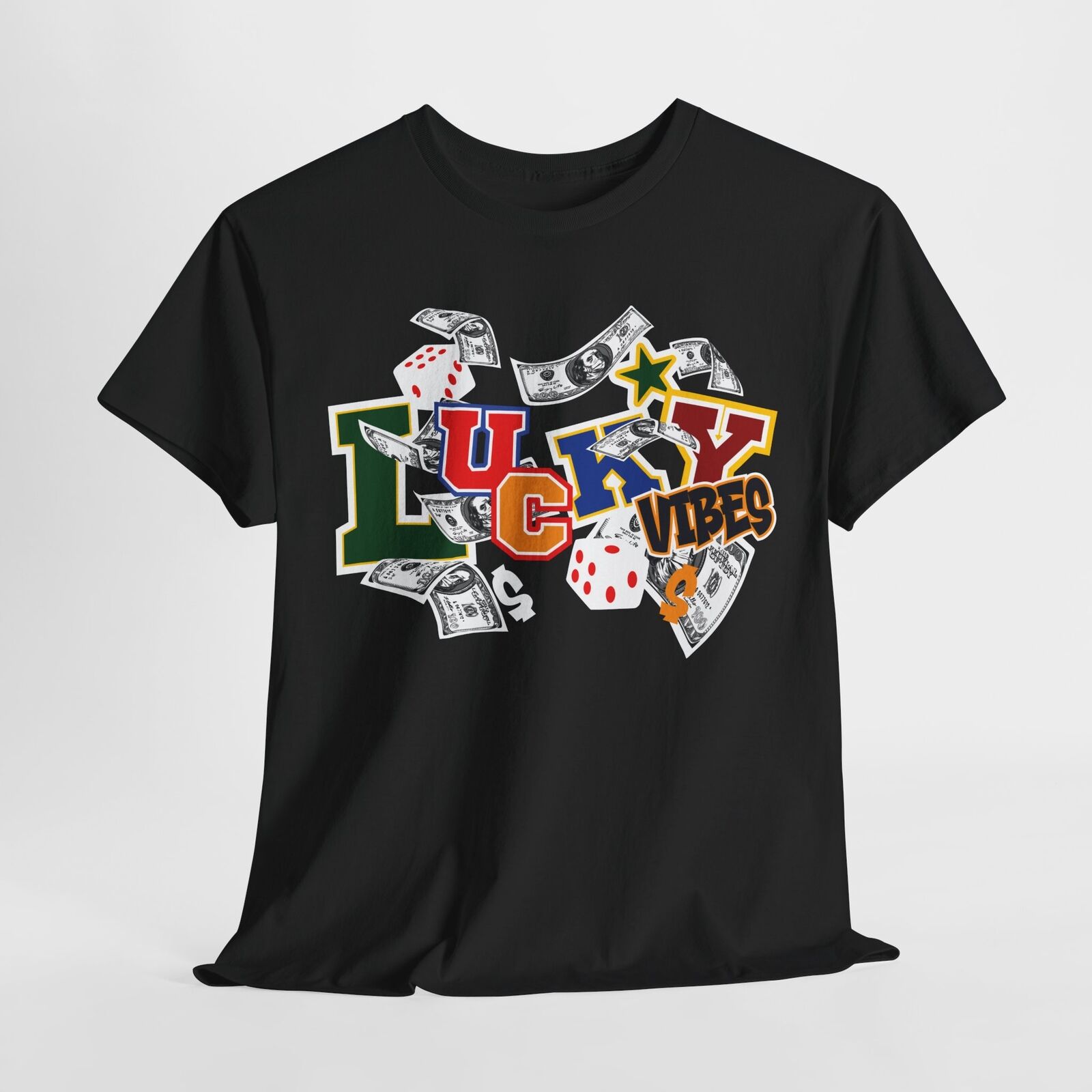 LUCKY VIBES T-Shirt - Bold Graphic with Colorful College Style and Wealth Themes