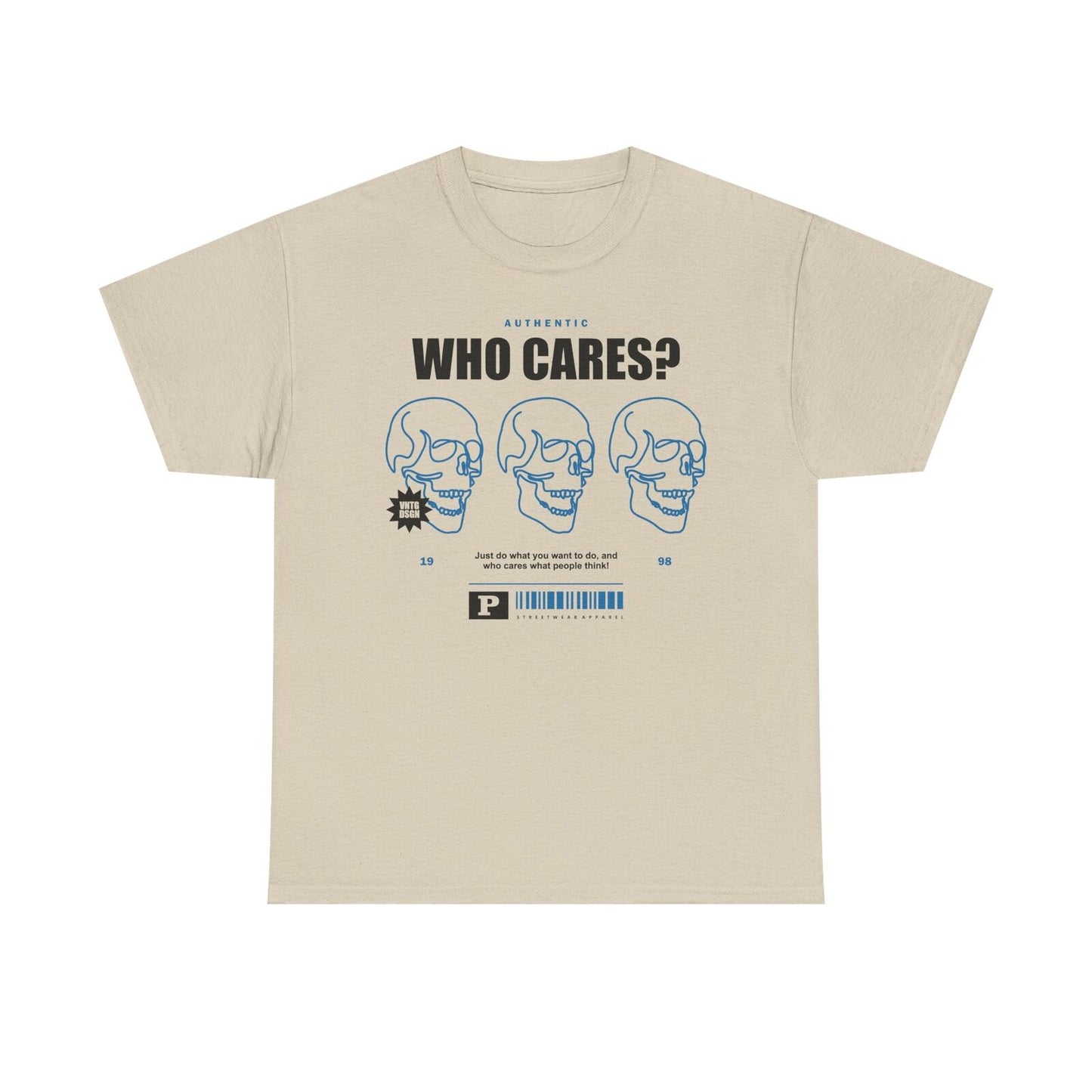 Bold Men's T-Shirt with Graphic WHO CARES? Design & Blue Skull Print Apparel