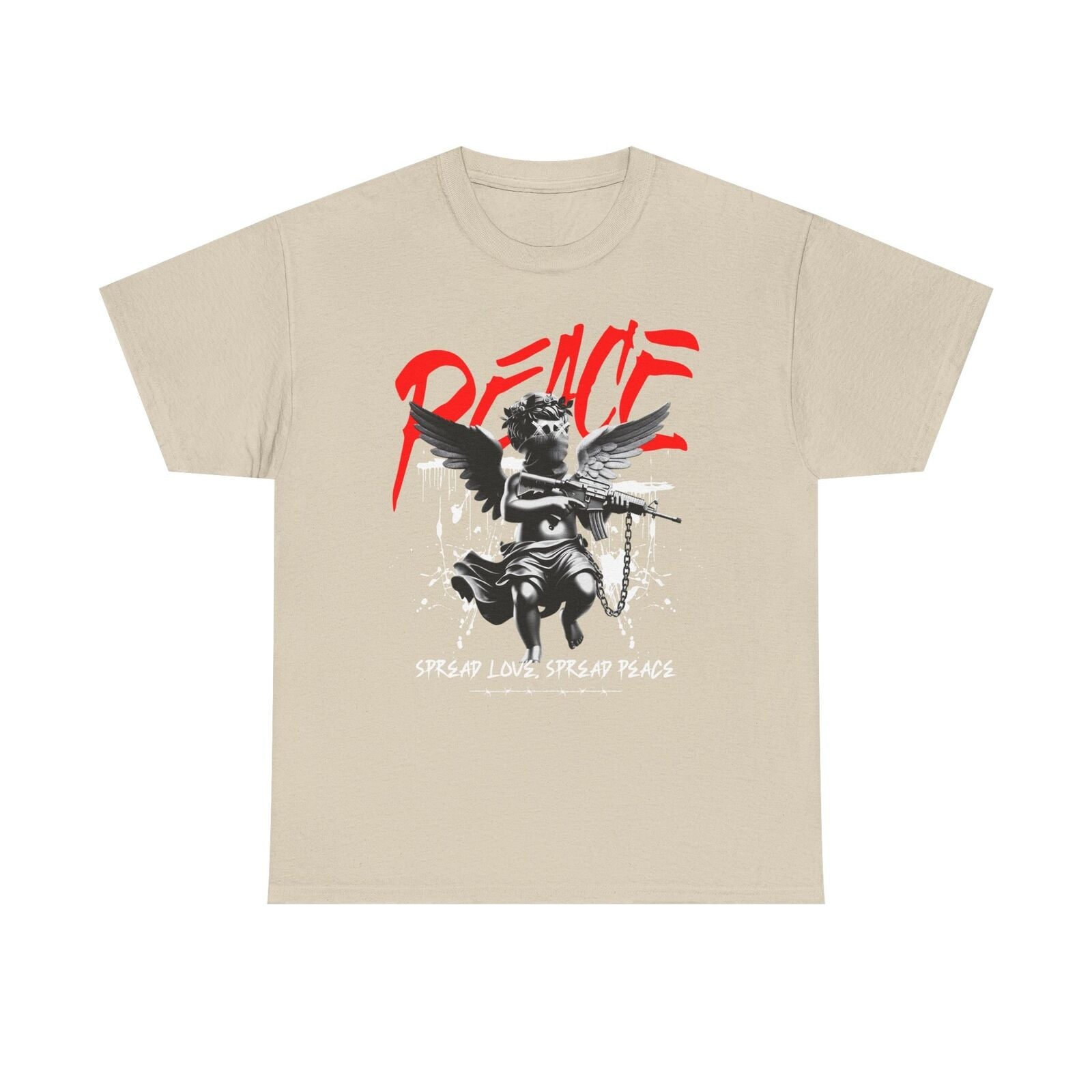 Edgy Monochrome Men's T-Shirt: Cherubic Angel, Rifle & Bold Peace Graphics Urban