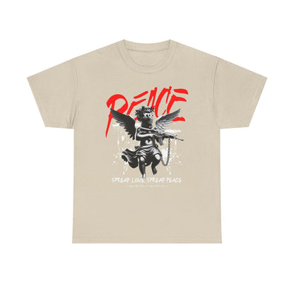 Edgy Monochrome Men's T-Shirt: Cherubic Angel, Rifle & Bold Peace Graphics Urban