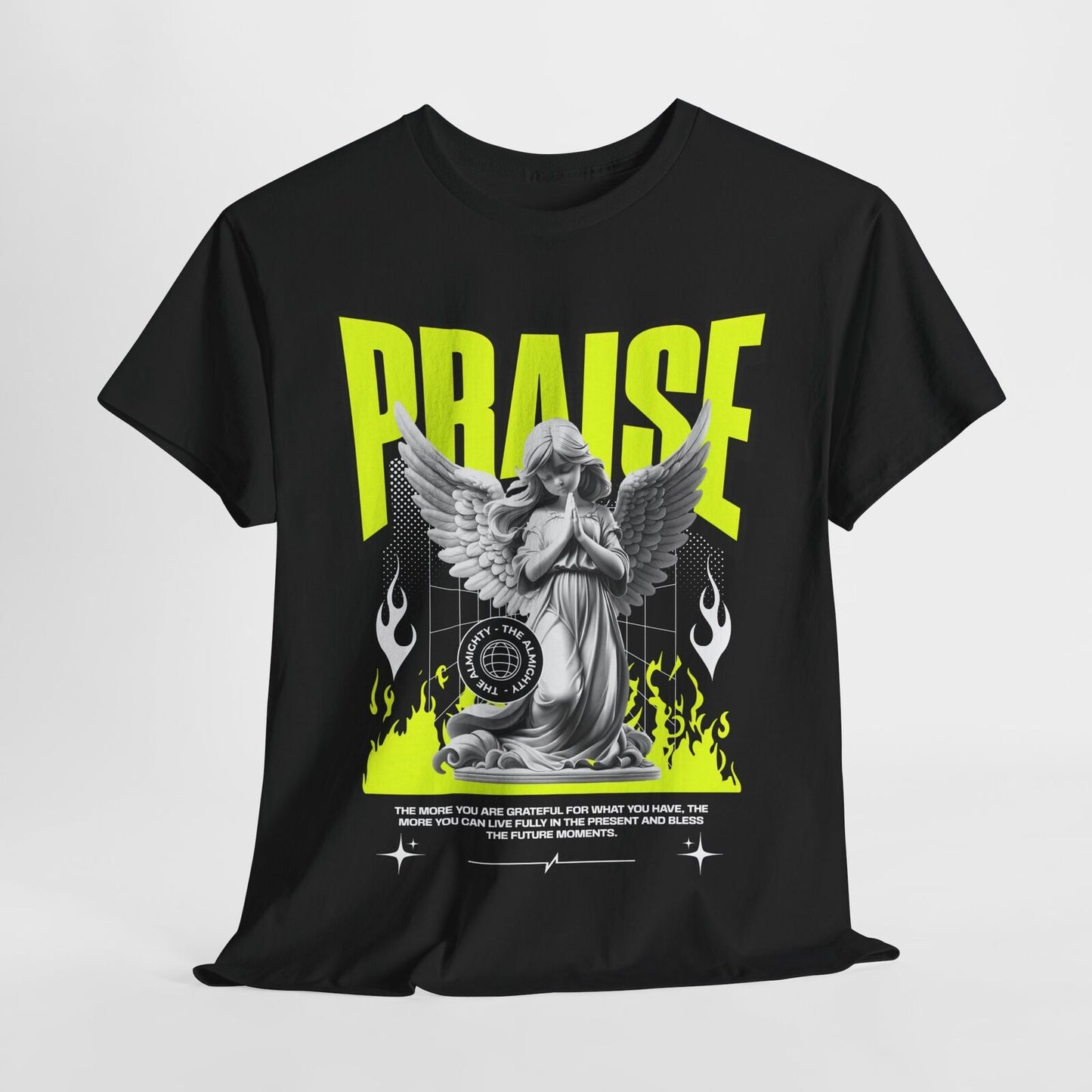 Bold Praise Graphic Men's T-Shirt with Angel Statue Design and Neon Flames Print