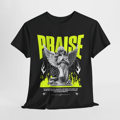 Bold Praise Graphic Men's T-Shirt with Angel Statue Design and Neon Flames Print