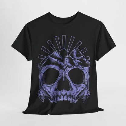 Men's Skull Graphic T-Shirt with Mountain Peaks and Sunburst Art for Bold Style