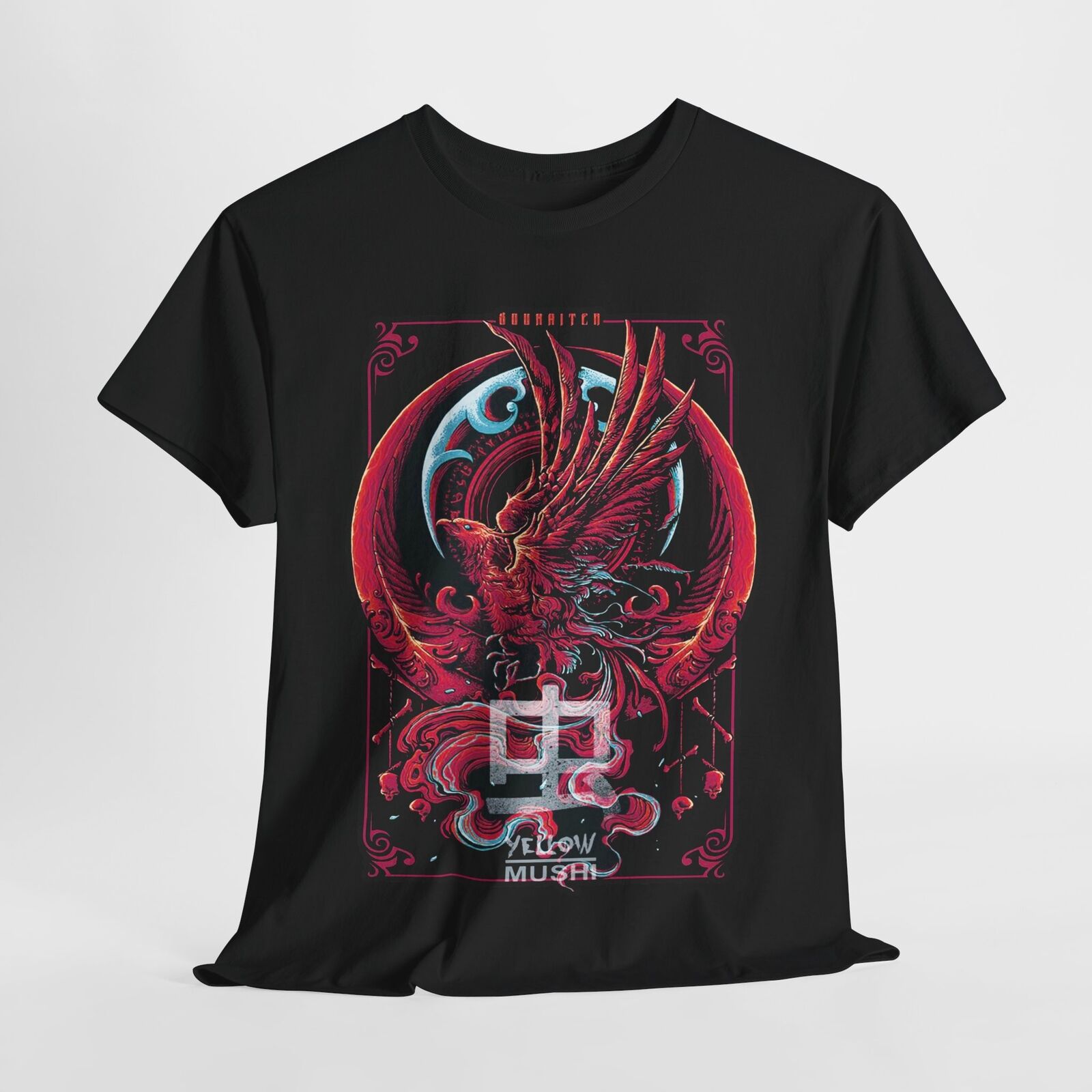 Vibrant Men's T-Shirt: Mythical Phoenix Graphic Art with Ornate Swirls & Details