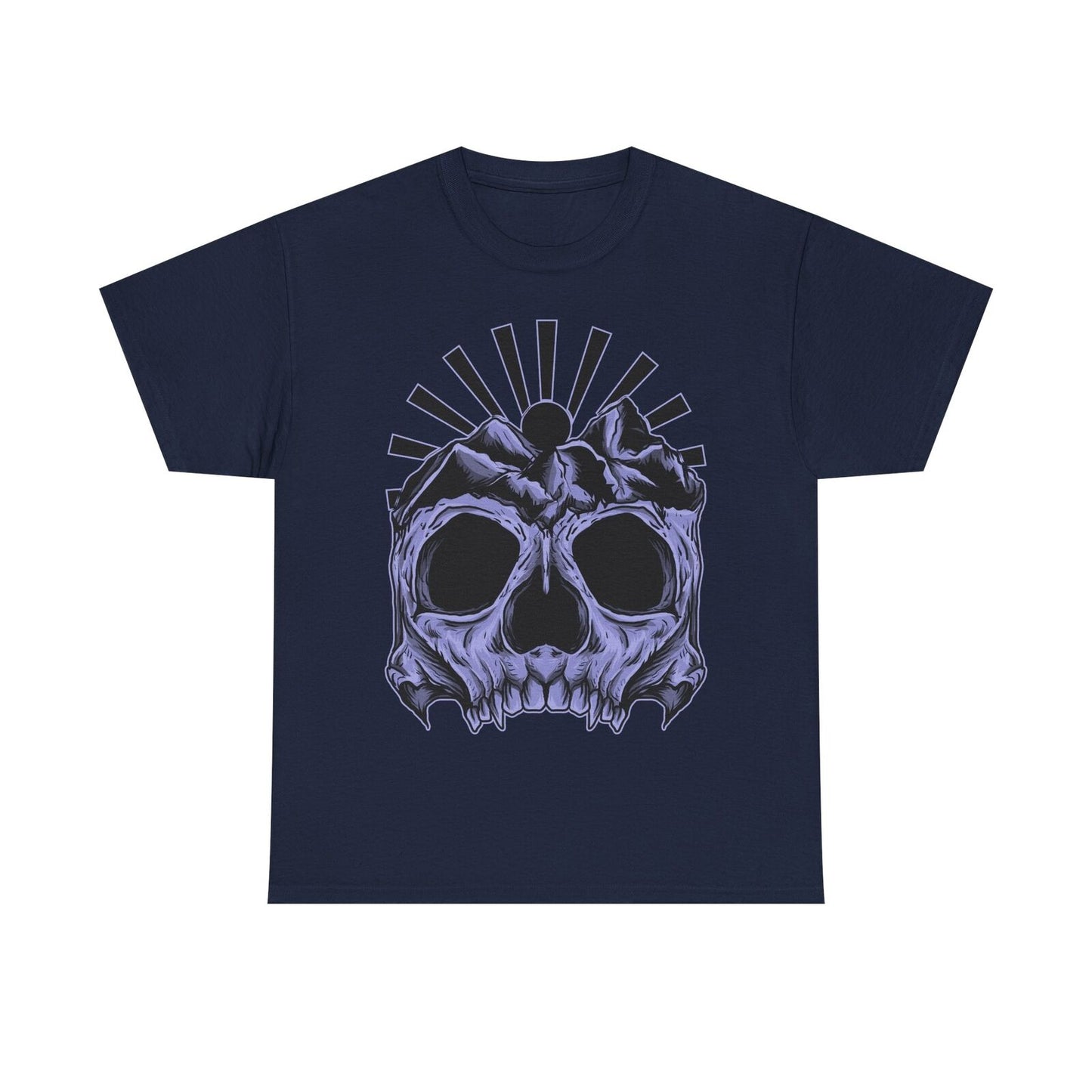 Men's Skull Graphic T-Shirt with Mountain Peaks and Sunburst Art for Bold Style