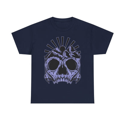 Men's Skull Graphic T-Shirt with Mountain Peaks and Sunburst Art for Bold Style