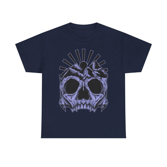 Men's Skull Graphic T-Shirt with Mountain Peaks and Sunburst Art for Bold Style