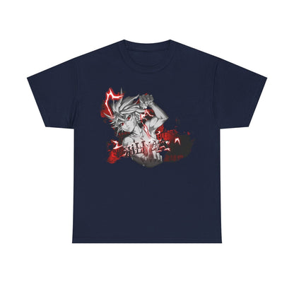 Dynamic Anime Men's T-Shirt with Bold Black and White Illustration, Red Accents