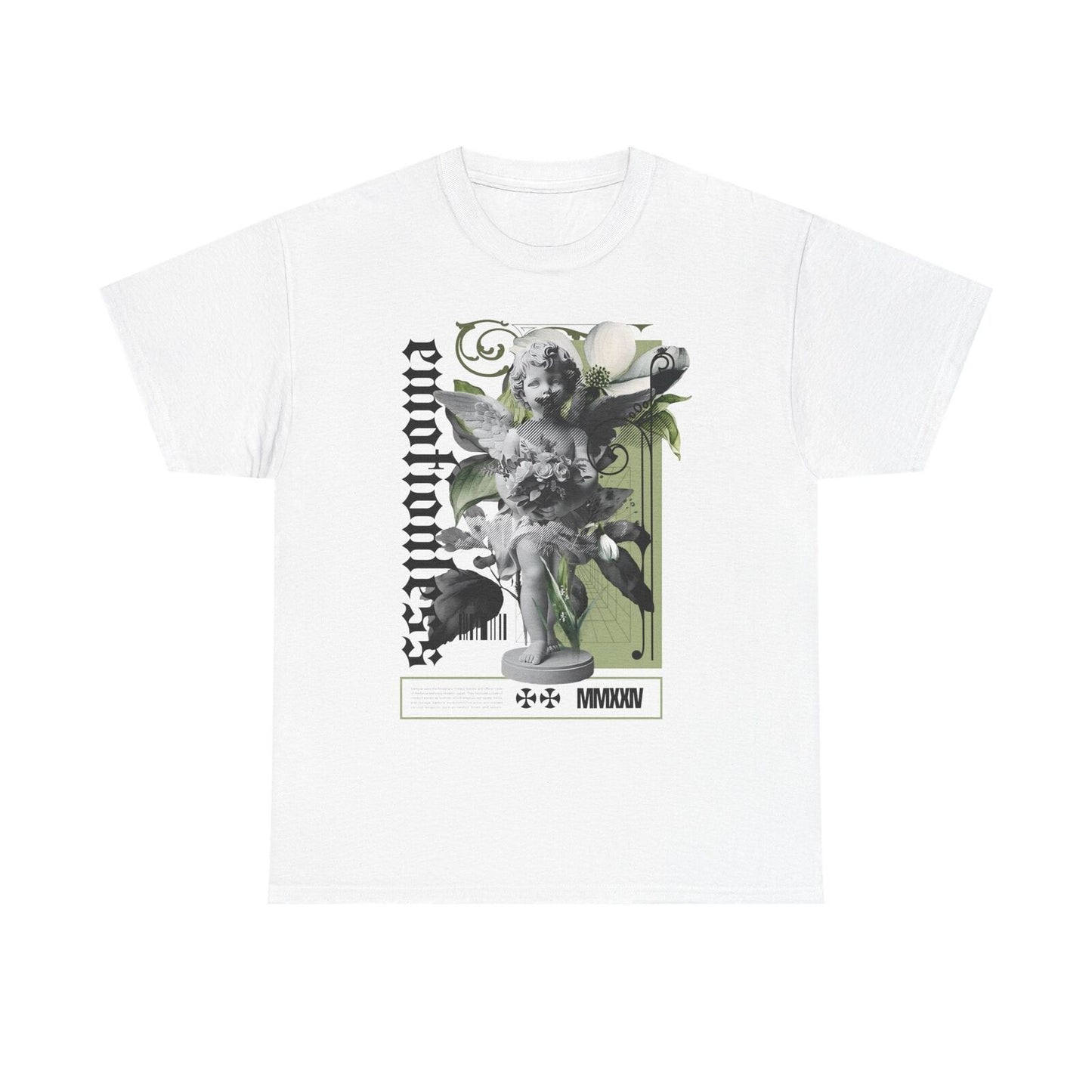 Stylish Men's T-Shirt Featuring Grayscale Angel Artwork and Gothic Floral Design