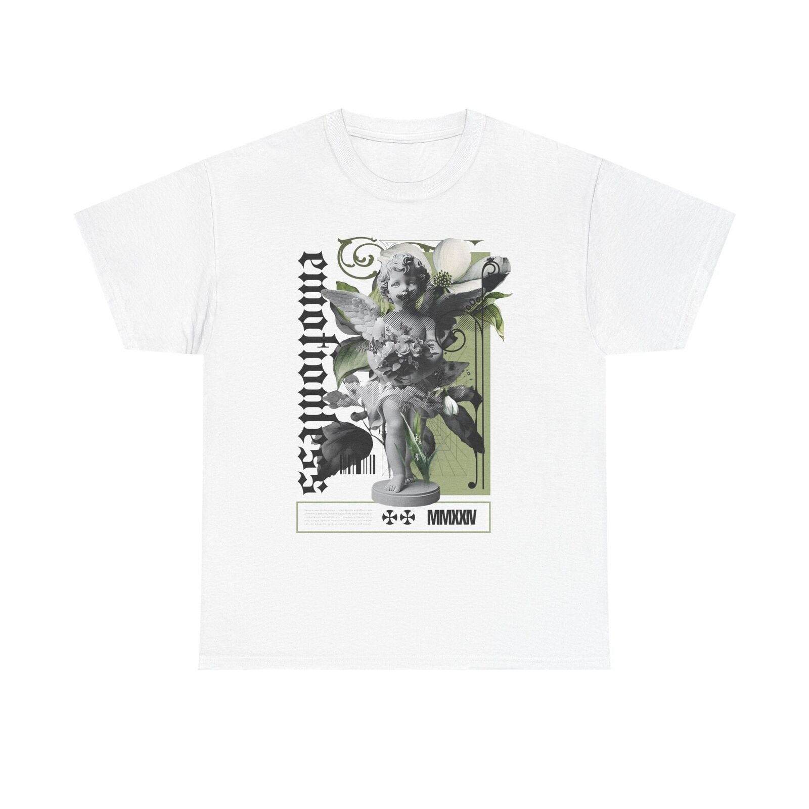 Stylish Men's T-Shirt Featuring Grayscale Angel Artwork and Gothic Floral Design