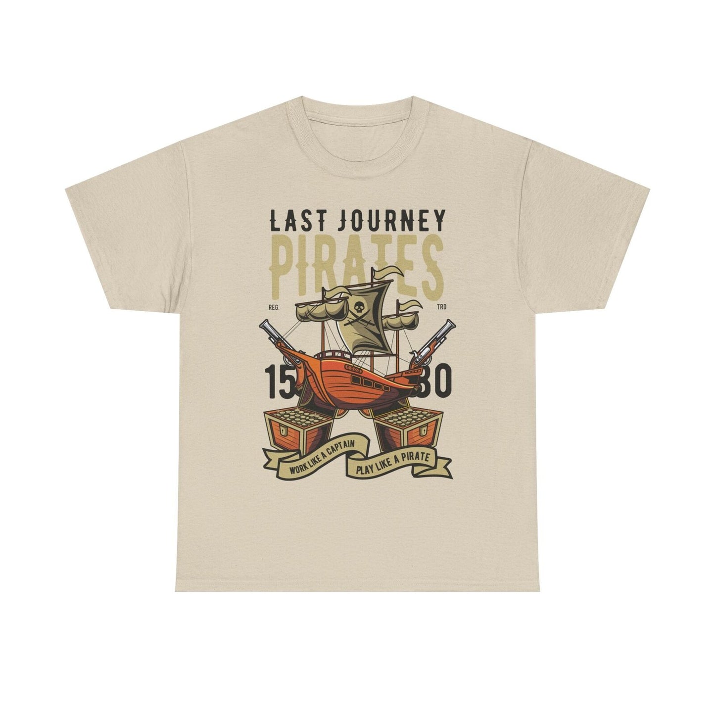 Men's Pirate T-Shirt - Last Journey Design with Bold Ship, Cannons & Gold Chests