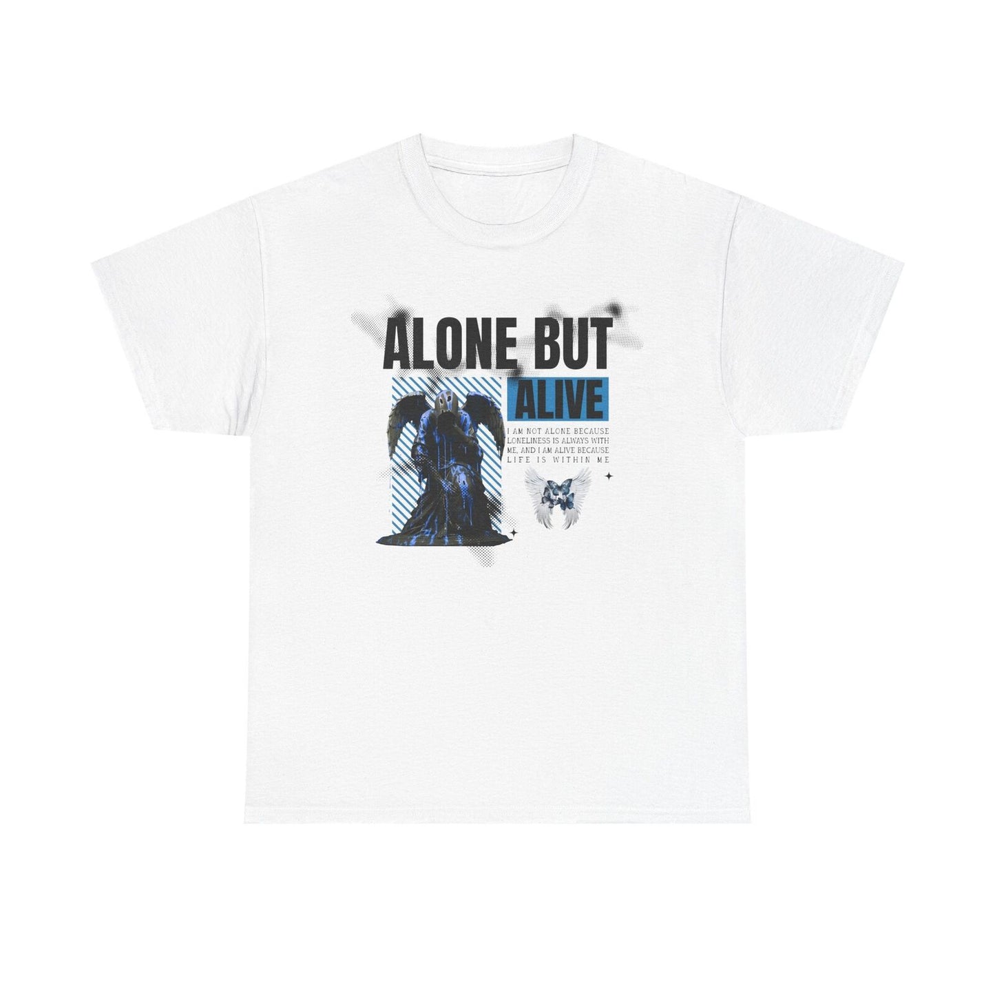 Men's T-Shirt: Bold 'ALONE BUT ALIVE' Graphic with Winged Statue & Angel Wings