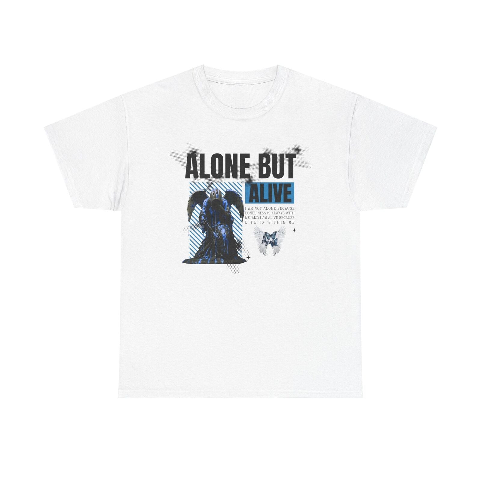 Men's T-Shirt: Bold 'ALONE BUT ALIVE' Graphic with Winged Statue & Angel Wings