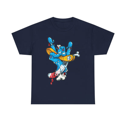 "Vibrant Graphic Men's T-Shirt with Bold Hand Design, Rock and Roll Aesthetic"