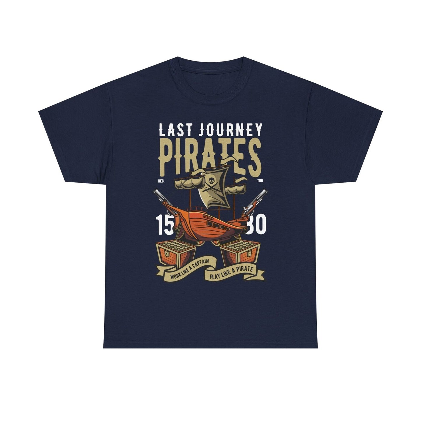 Men's Pirate T-Shirt - Last Journey Design with Bold Ship, Cannons & Gold Chests