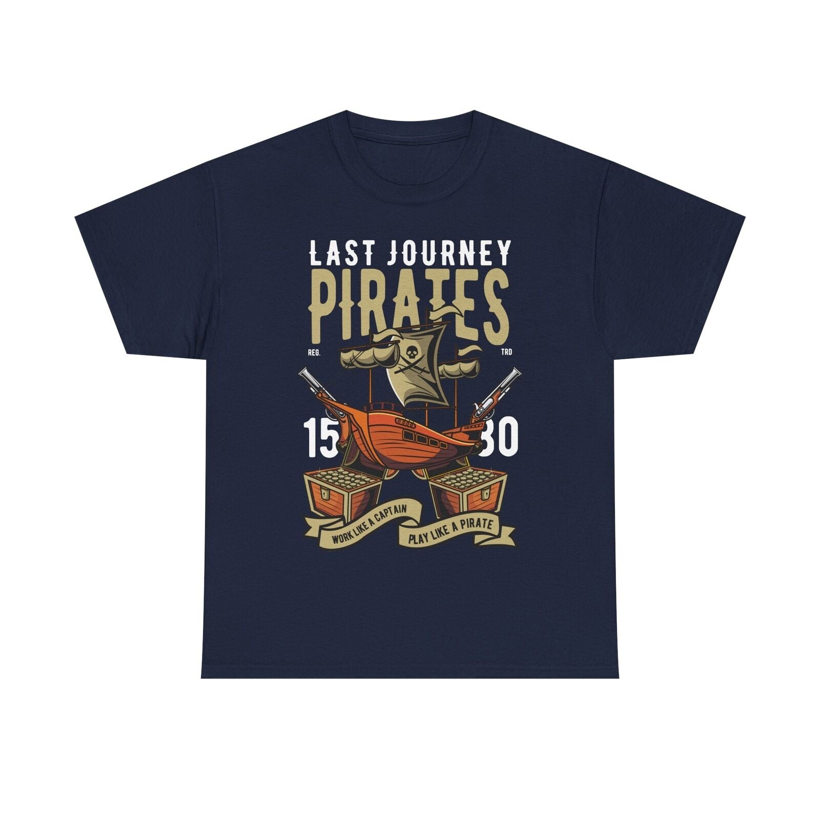Men's Pirate T-Shirt - Last Journey Design with Bold Ship, Cannons & Gold Chests