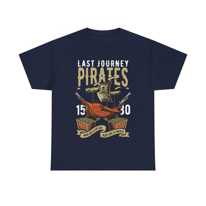 Men's Pirate T-Shirt - Last Journey Design with Bold Ship, Cannons & Gold Chests