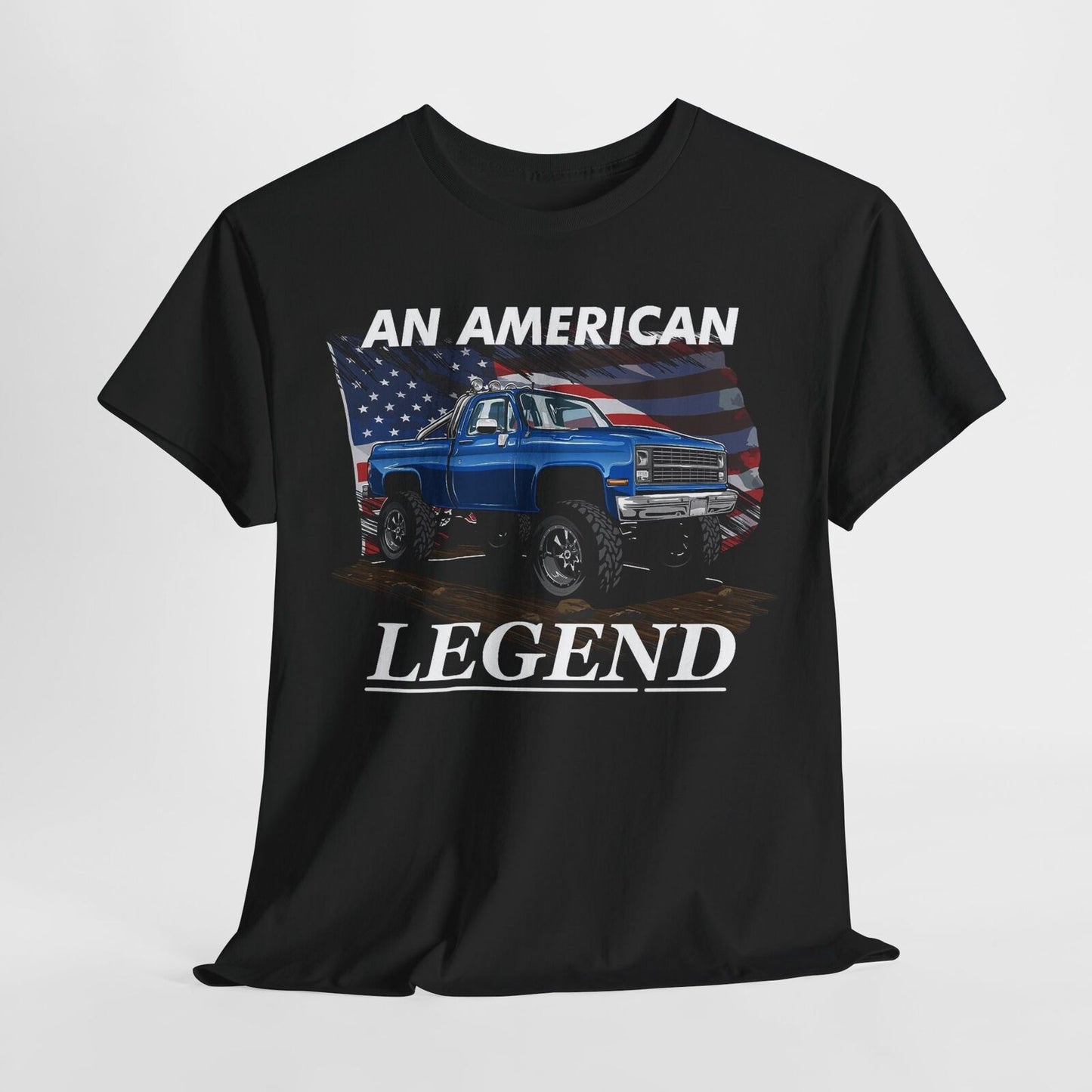 An American Legend T-Shirt: Vintage Lifted Truck & Patriotic Flag Design