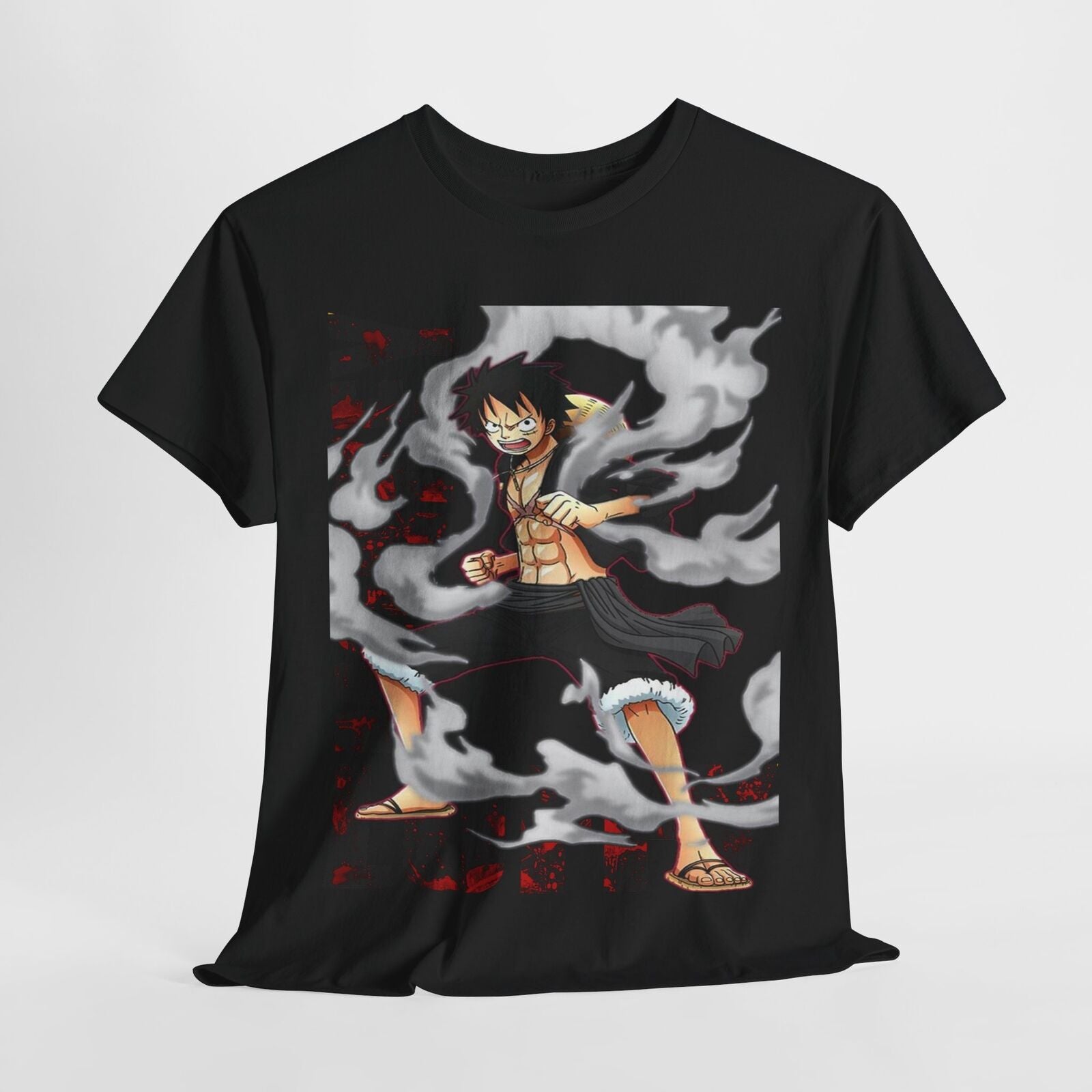 Dynamic One Piece Men's T-Shirt with Monkey D. Luffy Action Pose Graphic Design