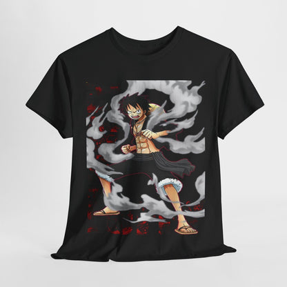 Dynamic One Piece Men's T-Shirt with Monkey D. Luffy Action Pose Graphic Design