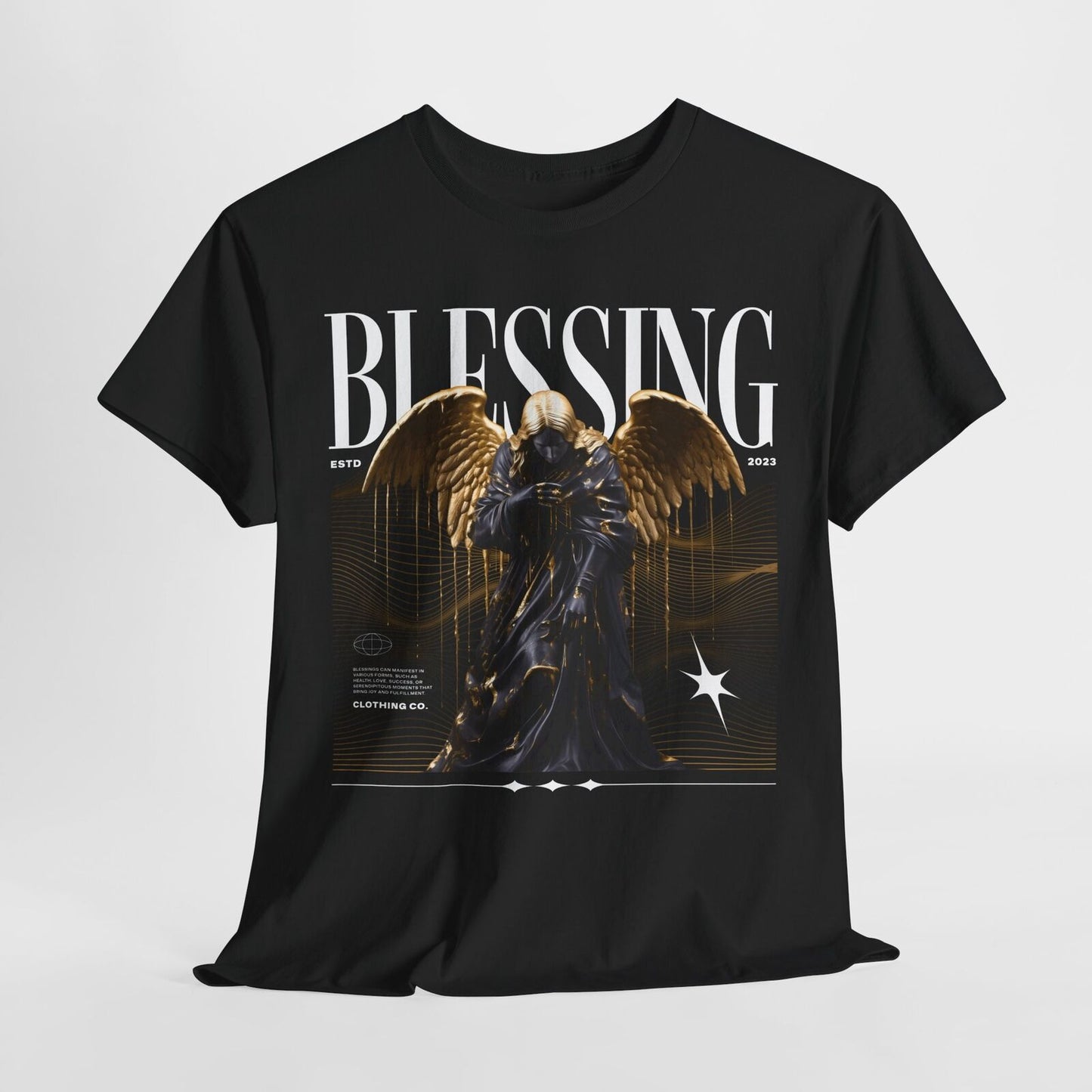 Men's T-Shirt: Dark Angel Design Flowing Black Robe & Golden Accents Graphic Art