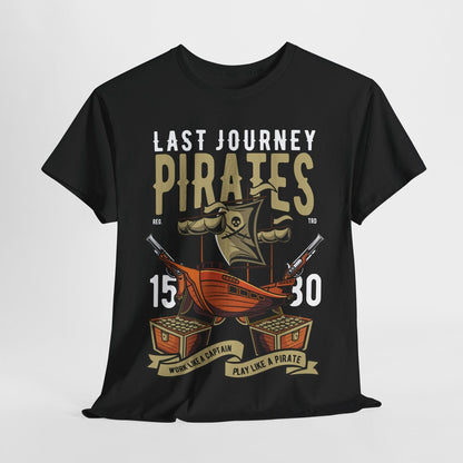 Men's Pirate T-Shirt - Last Journey Design with Bold Ship, Cannons & Gold Chests