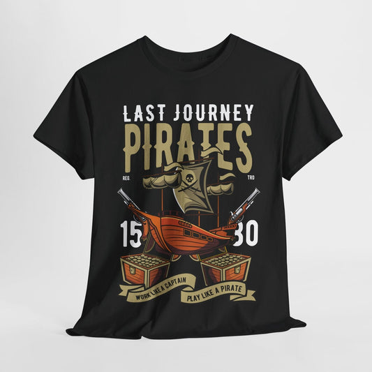 Men's Pirate T-Shirt - Last Journey Design with Bold Ship, Cannons & Gold Chests