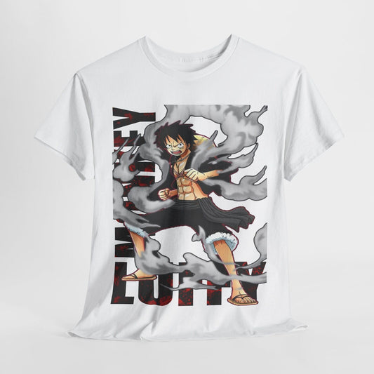 Dynamic One Piece Men's T-Shirt with Monkey D. Luffy Action Pose Graphic Design