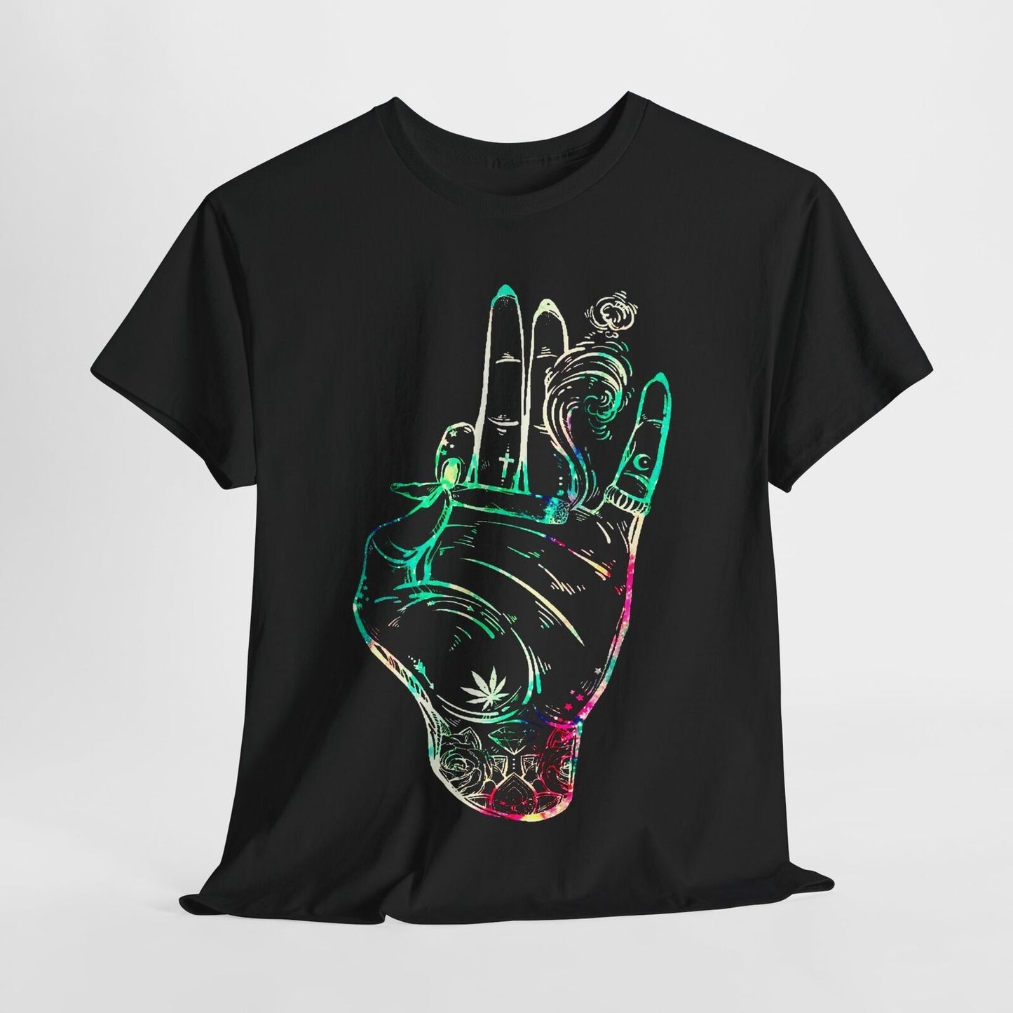 Vibrant Men's T-Shirt Tattoo-Style Hand Holding Joint and Psychedelic Designs