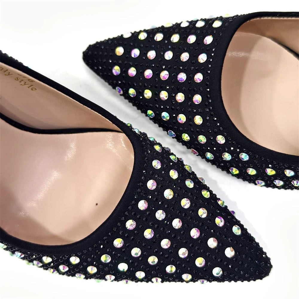 Complete yellow rhinestone ensemble featuring women’s pumps and matching bag, the ultimate accessory set for stylish parties and weddings.