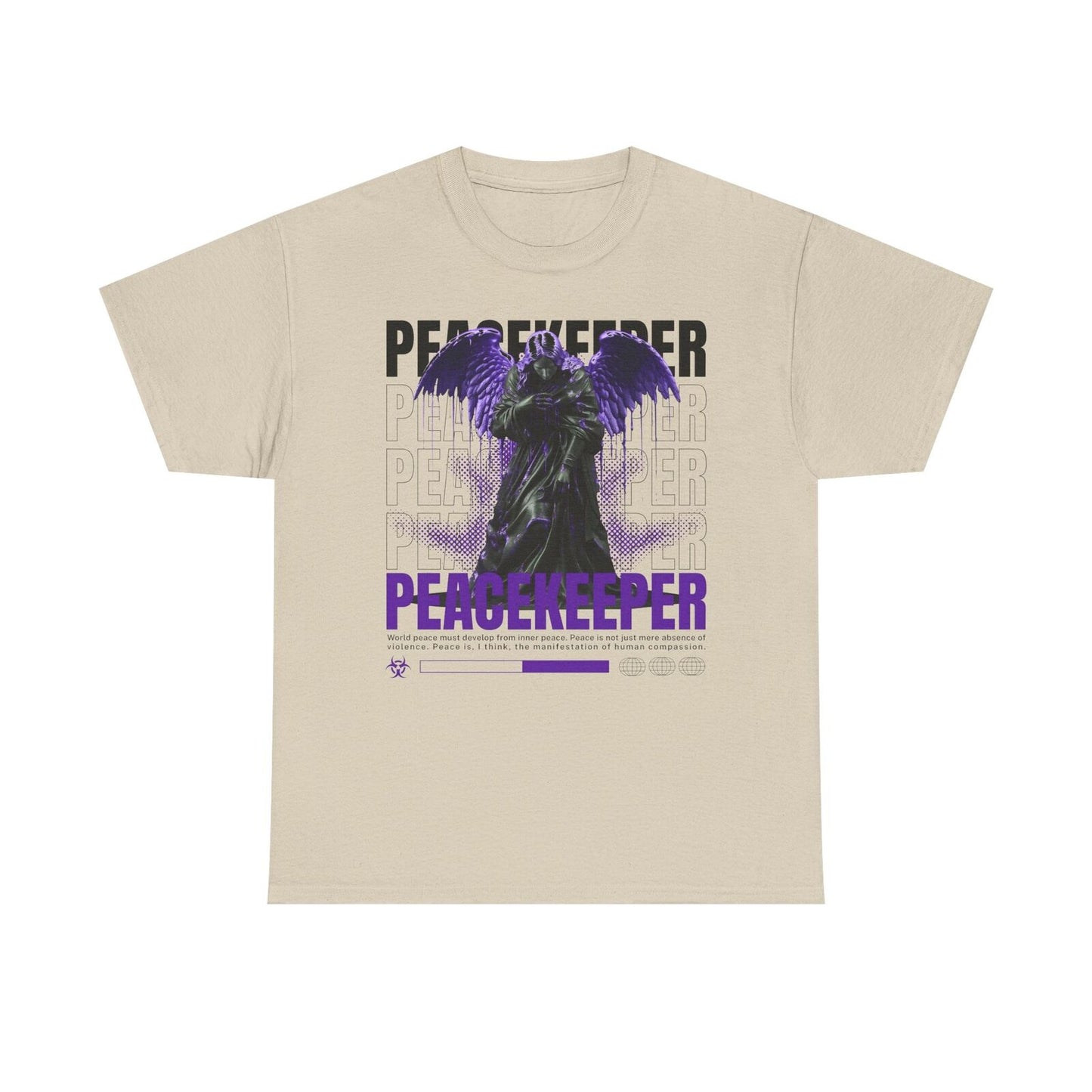 Men's T-Shirt Featuring Bold Winged Angel Design with 'Peacekeeper' Graphic Art