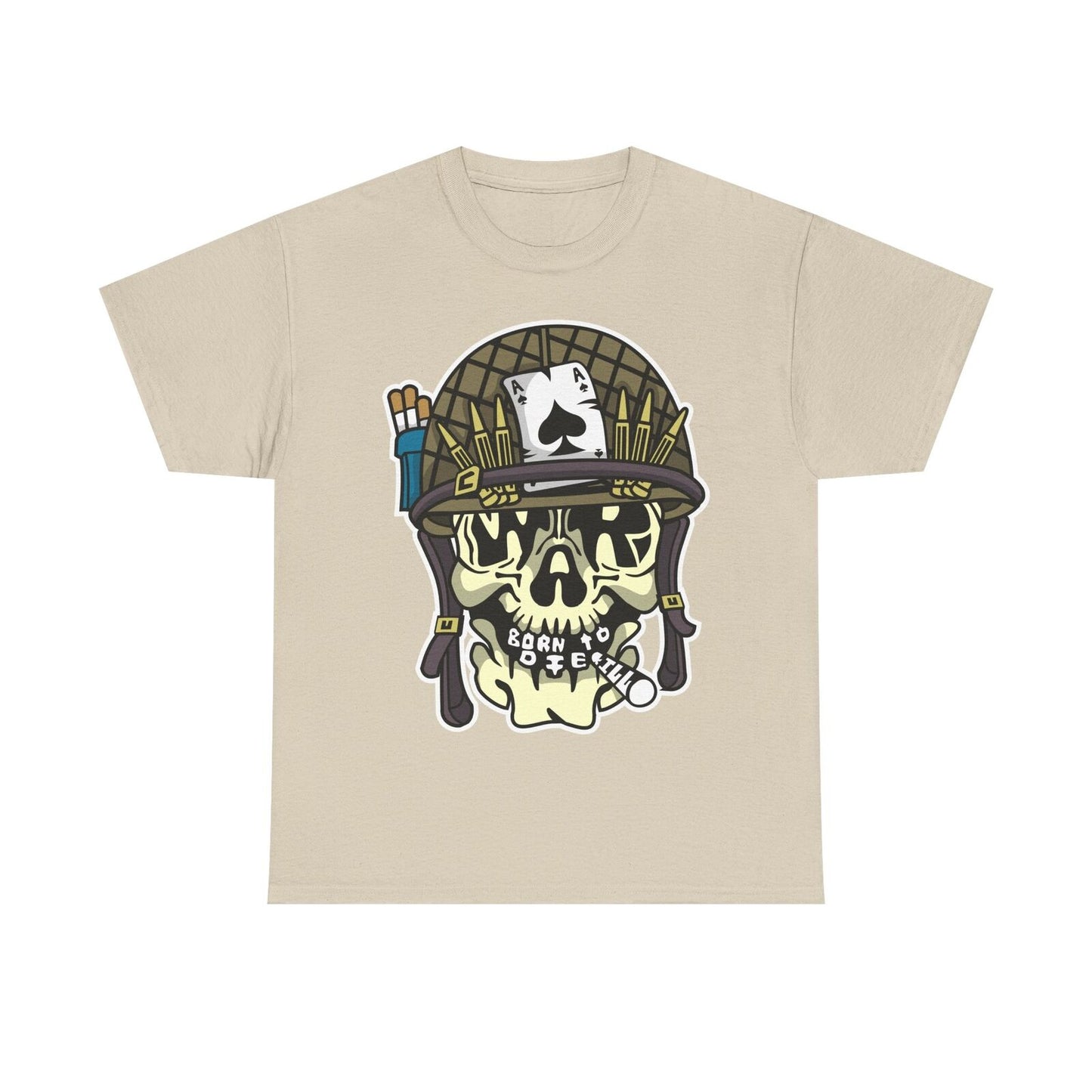 Men's T-Shirt with Cartoon Skull in Military Helmet, Ace of Spades & Bold Design