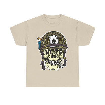 Men's T-Shirt with Cartoon Skull in Military Helmet, Ace of Spades & Bold Design