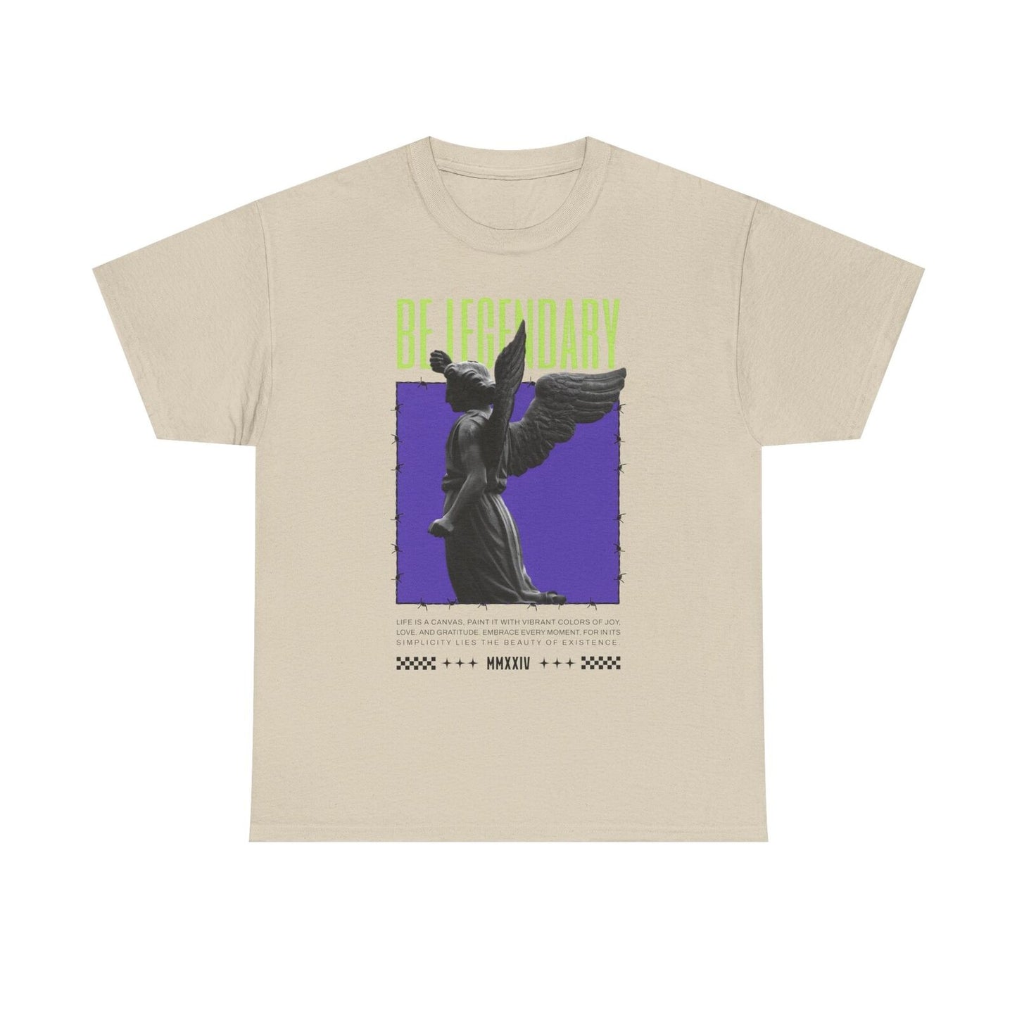Mens T-Shirt with Angel Statue Graphic, Bold 'BE LEGENDARY' Quote, Purple Design