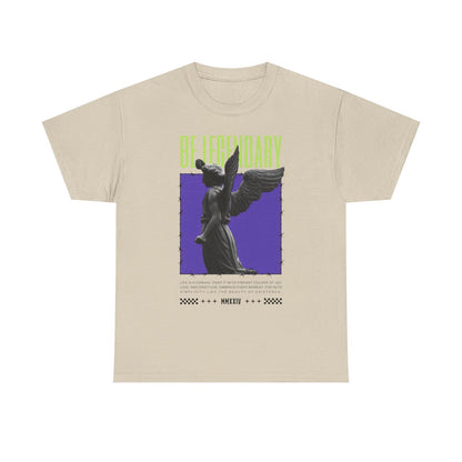 Mens T-Shirt with Angel Statue Graphic, Bold 'BE LEGENDARY' Quote, Purple Design