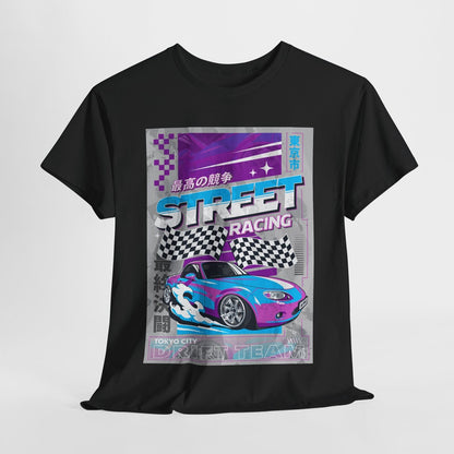 Dynamic Mazda Miata T-Shirt Design: Bold, Retro Street Racing Graphic Apparel!