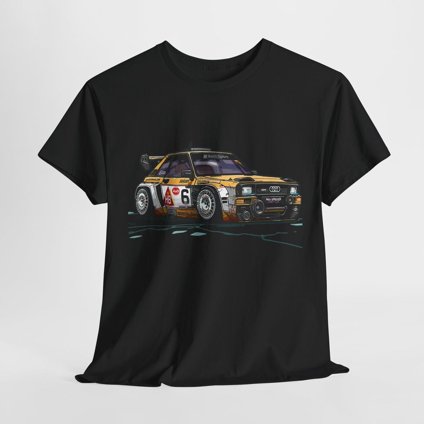Rev Up Your Style with This Bold Audi Race Car Cartoon T-Shirt Design!