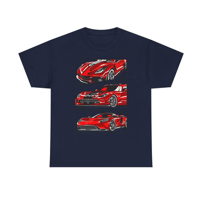 Rev Up Your Style: Graphic T-Shirt Featuring Iconic Red Sports Cars in Motion!