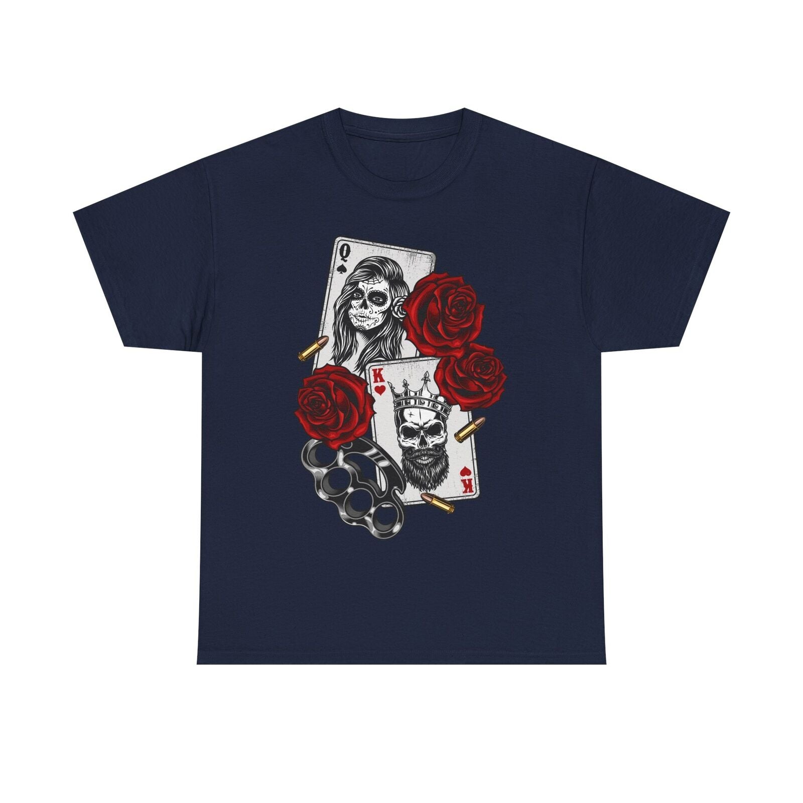 Men's T-Shirt with Bold Skull Playing Cards, Roses & Street Art Inspired Design