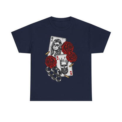 Men's T-Shirt with Bold Skull Playing Cards, Roses & Street Art Inspired Design