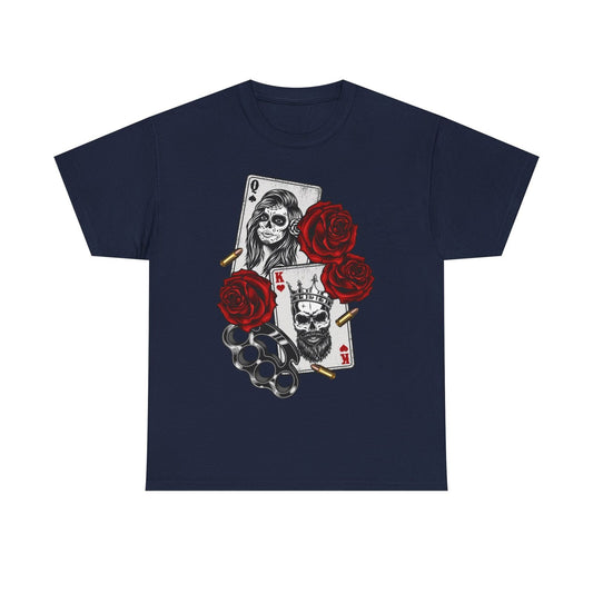 Men's T-Shirt with Bold Skull Playing Cards, Roses & Street Art Inspired Design
