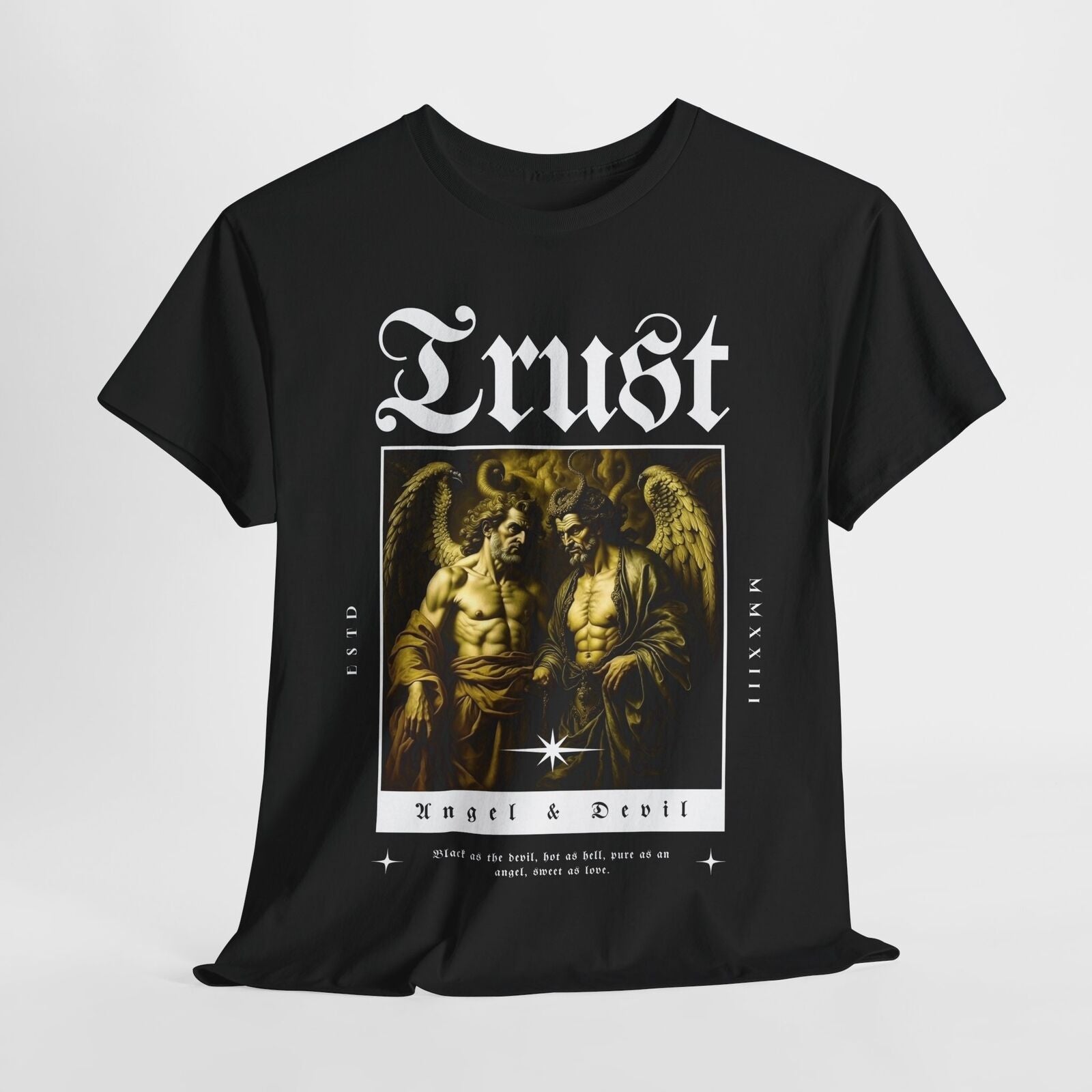 Men's Graphic T-Shirt - Trust Angel & Devil Design, Vintage Typography Art Wear