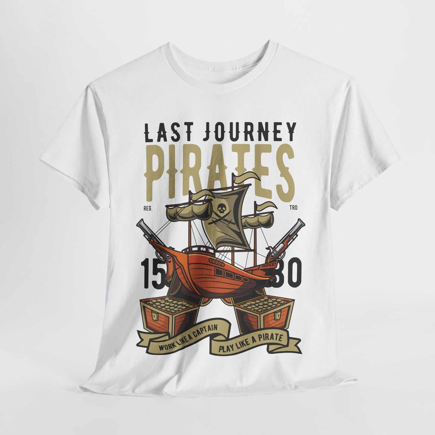 Men's Pirate T-Shirt - Last Journey Design with Bold Ship, Cannons & Gold Chests